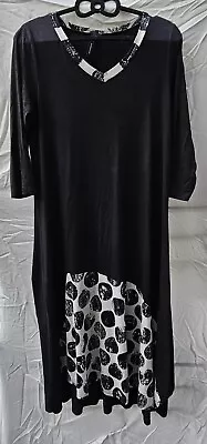 Yong Kim Black Print And Plain Asymmetric Dress Size 12 • £9.99