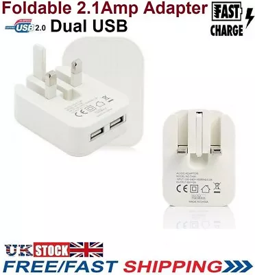 UK 3 Pin Plug Adapter Wall Charger 2 Port Dual USB Slim Easy To Carry In Pocket • £6.05