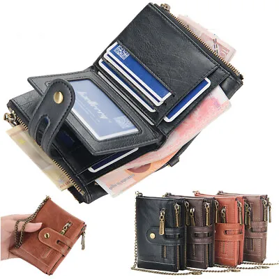 Bifold Double Zip Mens Leather Wallet Coin Cash Purse With Anti-Theft Chain Gift • $10.96