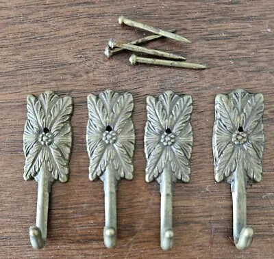 Set 4 Brass Wall Hooks Botanical Small Vintage Decor Arts & Crafts W 4 Nails • $16