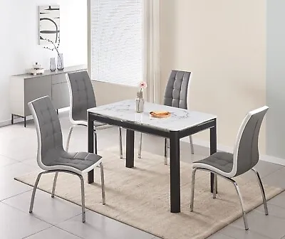 Dining Table Set White Marble Effect Glass Top Metal Frame 4 Faux Leather Chairs • £159