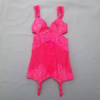 Victoria’s Secret Hot Pink Lace & Sheer Mesh Corset Sz 34C Bustier Garter Belt  • $34.87