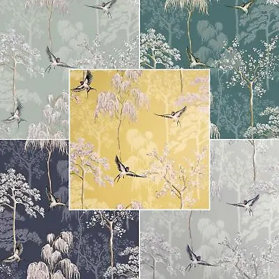 Arthouse Japanese Garden Wallpaper Oriental Trees Birds - Navy Ochre Grey • £2.99