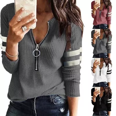 Fashion Tops For Women Pullover For Woman Loose Striped Printed Zip Up • £14.75