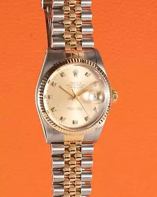 Rolex DateJust 16013 Two Tone Yellow Gold Champagne Diamond Dial 1987 36mm • $6178.97