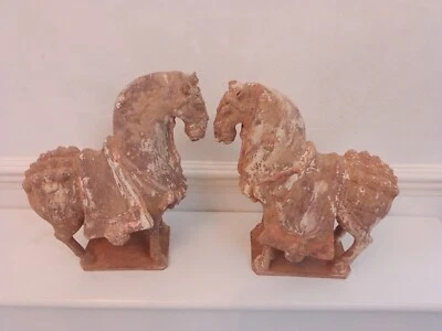 £33 • Buy Pair Chinese Tang Style Clay Horse 10.5  Vintage War Horses Patinated Finish