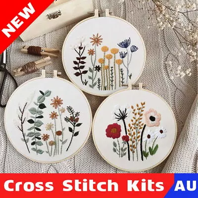 DIY Flowers Pattern Embroidery Kits Craft Beginner Needlepoint Hoop Cross Stitch • $9.55
