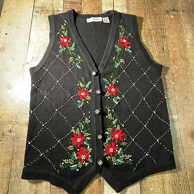 Victoria Jones Woman Christmas Vest Size S Holiday Button Up Embellished Black • $18