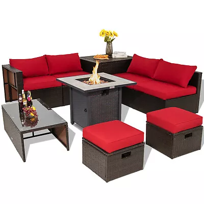 9PCS Patio Rattan Furniture Set 30  Fire Pit Table Space-saving Cover Red • $849.99