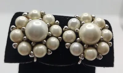 Vintage Earrings Clip On MARVELLA Faux Pearl Cluster 1 Inch Good Condition • $10