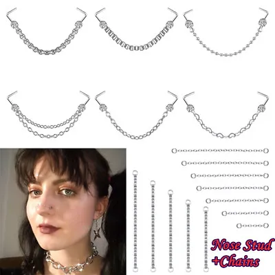 2/2.5/3mm CZ L-shape Nose Studs With Chains Stainless Steel Nose Rings Piercing • $7.69