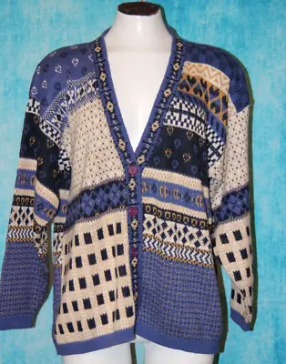 $14.43 • Buy VTG 90s Cabin Creek Mixed Geometric Cardigan Sweater Women's V-neck Knit Size L