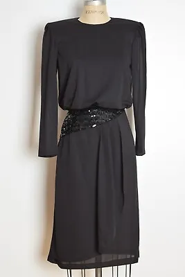 Vintage 80s Dress Black Sequin Waist Draped Disco Clothing Long Sleeve S • $28
