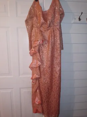 VTG Peachy Pink Lace Sequin Ruffle Long Evening Gown Size S/M • $55