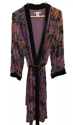 Jillian Jones Purple Beaded Voided Floral Velvet Robe Sz M Silk Rayon • $19.88