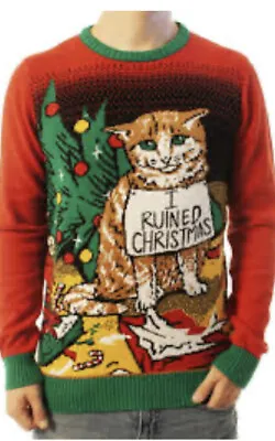 Ugly Christmas Party Sweater Unisex Men's  I Ruined Christmas  Cat Shaming S • $27.56