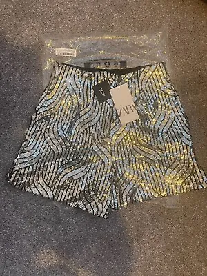 Zara New Sequinned High-waist Bermuda Shorts Size Small Silver | 9353/657 • $52.84