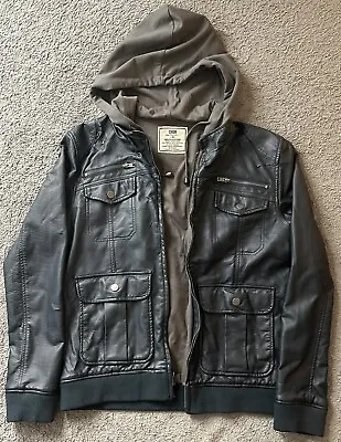 Chor Gray Faux Leather Hoodie Jacket Double Zip / Men's Medium • $34.99