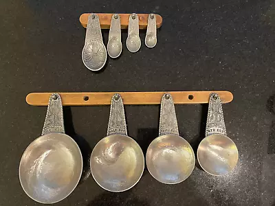 Vintage Lot Of 10 Crosby Taylor Pewter Measuring Cups & Spoons + 2 Racks Bamboo • $179.99