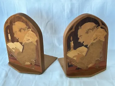 Vintage Wood Marquetry Inlay Bookends Monk Friar Padre • $49.99