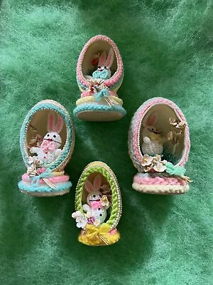 Vtg Lot Of 4 Handmade Real Egg Diorama Easter Ornaments Bunny • $24