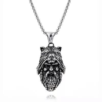 Mens Viking Tribal Wolf Head Skull Pendant Necklace Men Stainless Steel Gift • $7.99