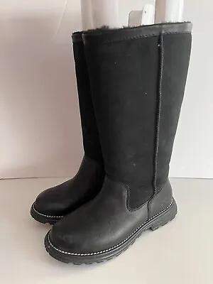 UGG Womens Brooks Boots Black Leather Tall Shearling Winter Boots Size 6 • $71.04