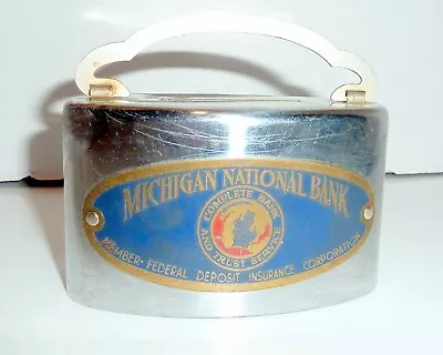 Metal Coin Bank Michigan National Bank Chrome - Great Metal Label  See Photos • $25.40