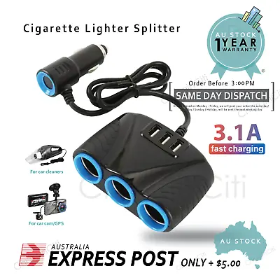 3 Way Multi Car Cigarette Lighter Socket Splitter 3 USB Charger / Power Adapter • $14.99
