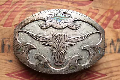 Vtg Johnson Held Hand Made Cowboy Longhorn Steer Bull Western Belt Buckle • $188