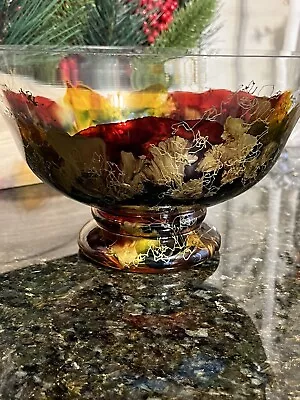 Monarch Crystal MONACO Compote Bowl 9 3/4  Footed Red Yellow Blue Gold Accents • $59.99