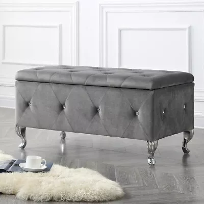 Gray Grey Fabric Storage Bench Upholstered Ottoman Crystal Tufted Lid Bedroom • $213.90