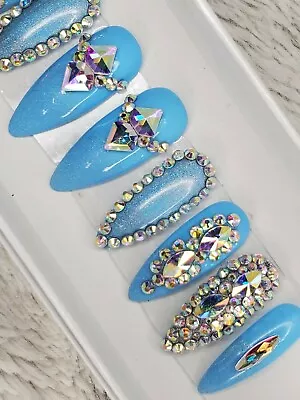 Super Bling Baby Blue Holographic Press On Nails Crystal Swarovski Stiletto  • $60