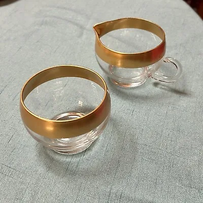 Vintage West Virginia Glass Dorothy Thorpe Sugar Creamer Set Golden Band 60s  • $20