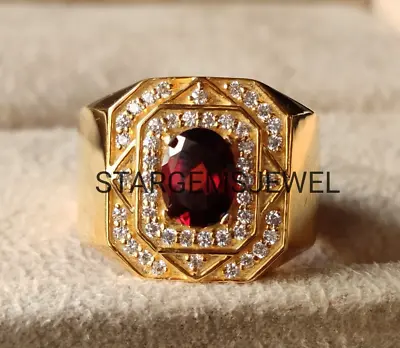 Oval Cut Natural Red Garnet Men's Wedding Ring 14K Yellow Gold Men's Gift Ring. • $510