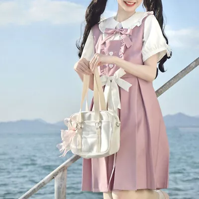 Preppy Style Mori Girl Short Sleeve Blouse Skirt Suspender Dress Tops Set Summer • $23.99