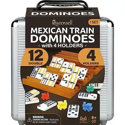 Mexican Train Dominoes Set With 4 Holders - Wooden Hub And Tiles Holders - Do... • $74.26