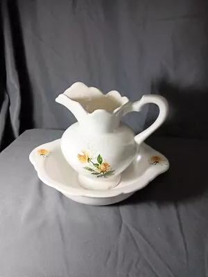 Vintage Small Wash Pitcher And Bowl/basin Rose Pattern Cottage Core Rustic Decor • £19.45