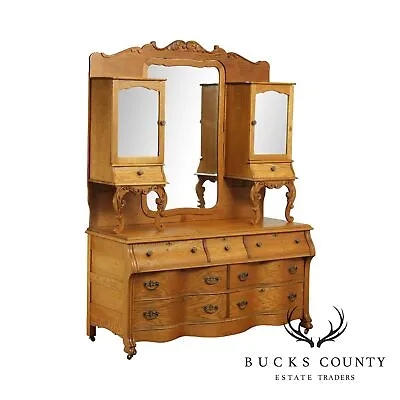 Antique Victorian Oak Unusual Double Dresser Mirror Back • $2495