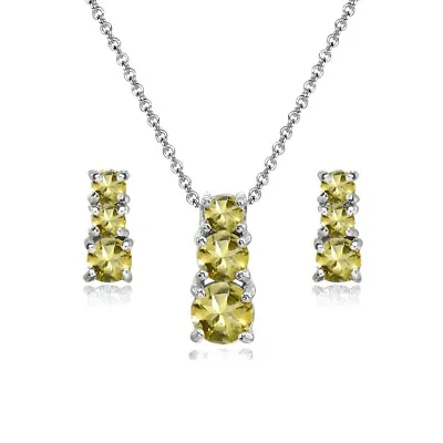 Round Graduating Three Stone Citrine 925 Silver Stud Earrings & Necklace Set • $29.99