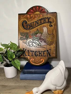 Vintage Carved Wooden Sign Country Kitchen Hen Vegetables Orange Brown Green • $25