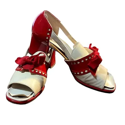 Vtg Spectator Shoes Heels 7.5b Red White Bow Block Heels Ribbon Peep Toe Womens • $52.64