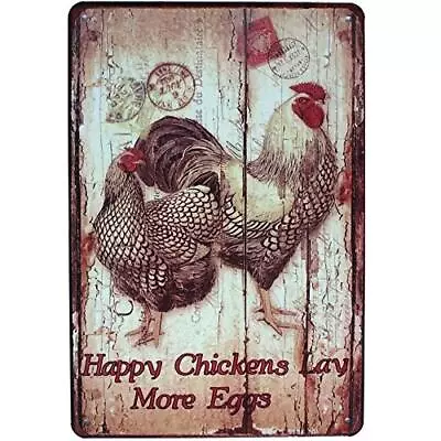 Happy Chickens Lay More Eggs Rooster Decor Metal Tin Sign Wall Ornament Farm ... • $18.64