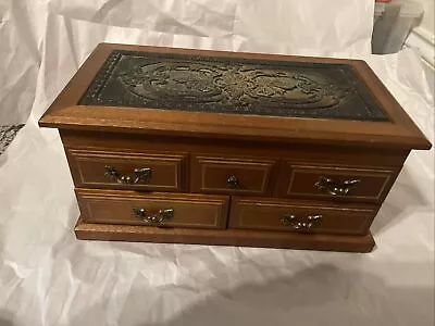 Vintage Musical Jewelry Box Organizer Carved Wood Metal Velvet Lined Mirror  • $27