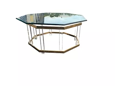 Mid Century Lucite Brass Plated And Glass Octagonal Coffee Table • $650