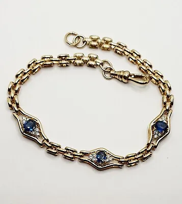 9ct Gold Sapphire & Diamond Cluster Link Chain Yellow 375 Bracelet 8.5  Or  21cm • £545