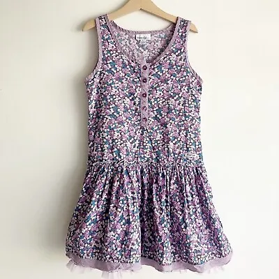 Naartjie Kids Girls 7 Dress Sleeveless Purple Floral Print Drop Waist Layered • $25.49