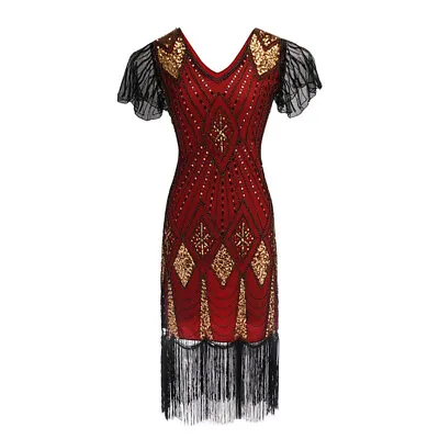 V Neck Gatsby Charleston Sequins Tassel Flapper Dress 1920's Vintage • £31.99