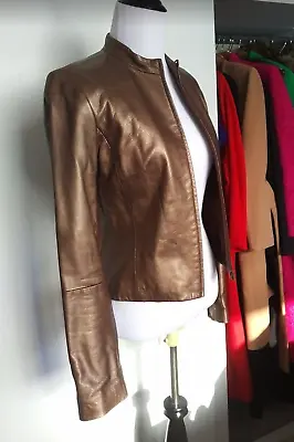 BCBG Max Azria Leather Jacket Moto Slim Sleek Brown Bronze Coat 4 Used 1990s Y2K • $88