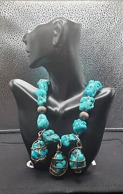 Huge Genuine Turquoise Nugget W/.925 Sterling Silver Necklace By Victoria Hayman • $310